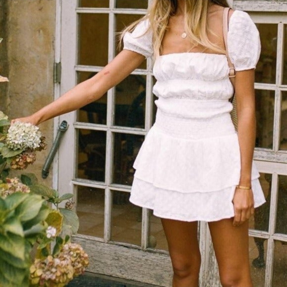 Sabo Skirt White Mini Tiered Puff Sleeve Dress